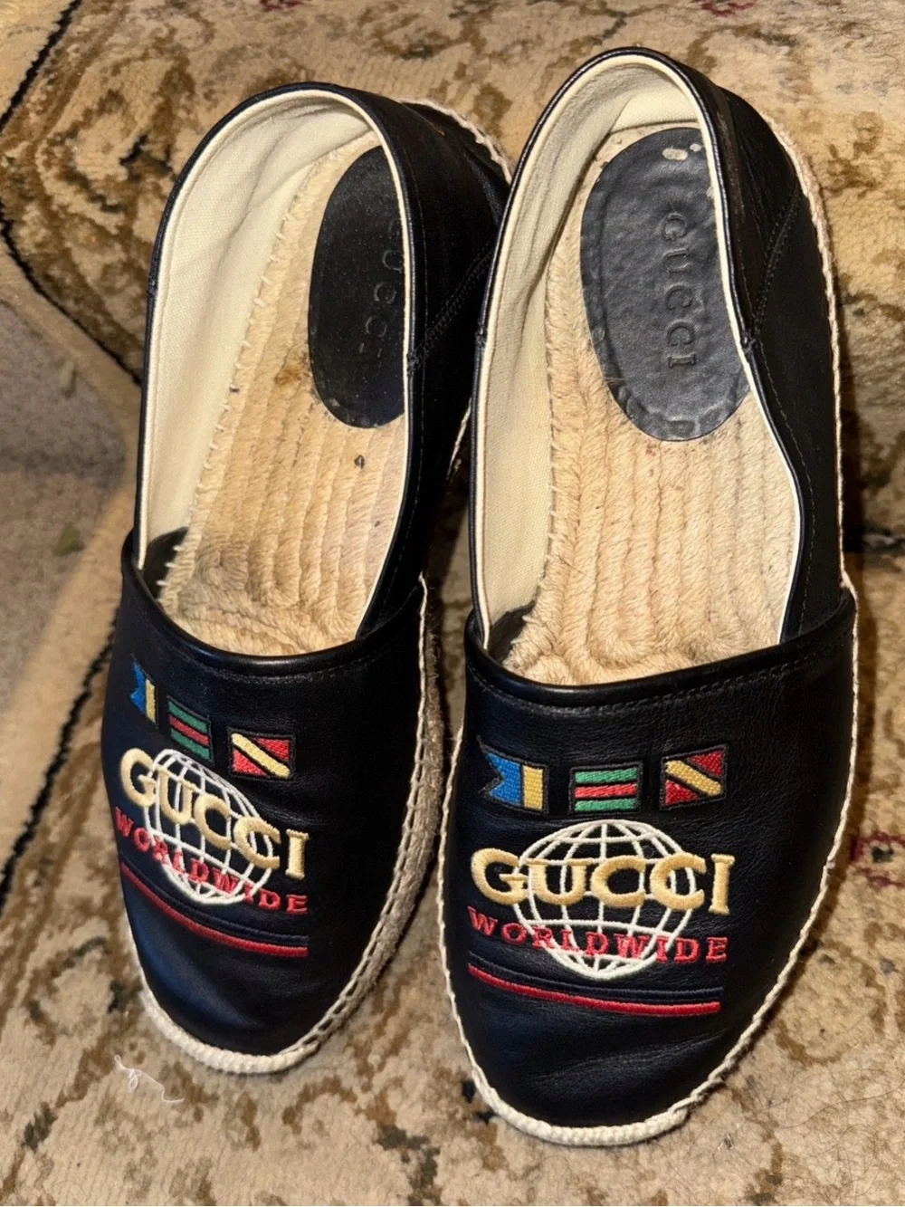 Gucci Black Leather Espadrilles shoes Embroidered Worldwide Slip-Ons, size 8